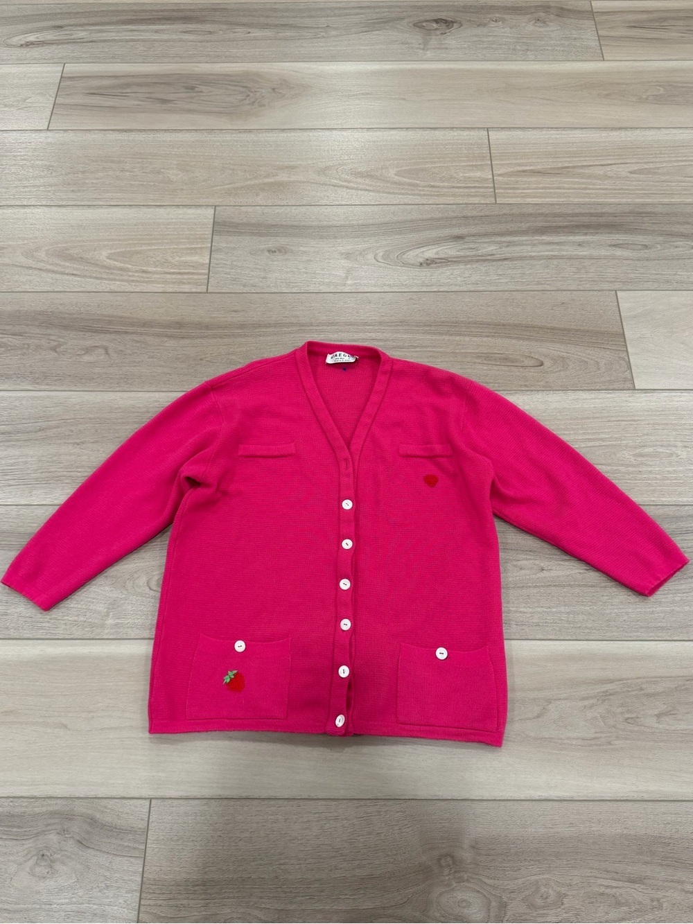 Jaeger Cardigan L Pink Vintage Wool Button Up Pockets Heart And Strawberry 80s